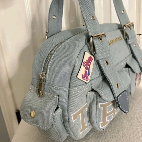 True Religion Light Blue Satchel with Patches - Picture 2 of 2